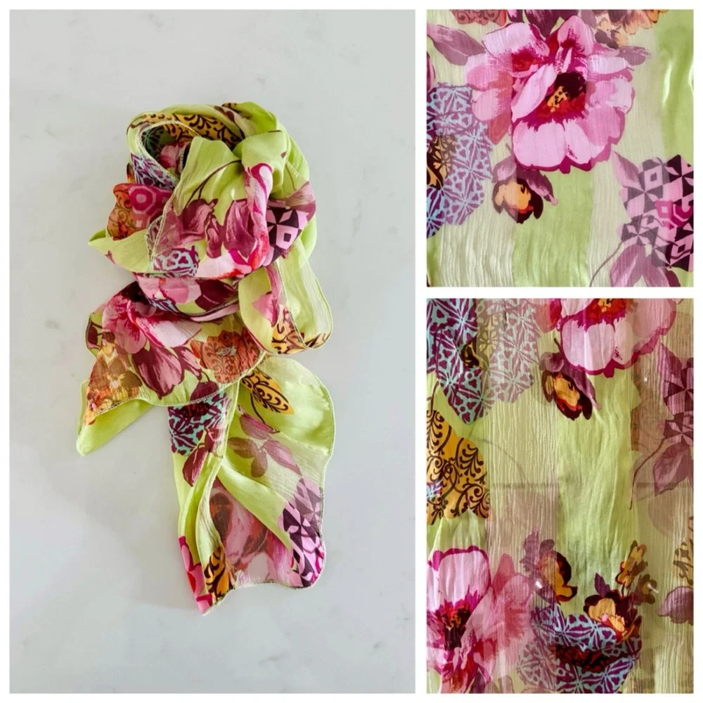 90s Vintage Marcrozier Paris Floral Print Silk Oblong Scarf Wrap, Green & Pink